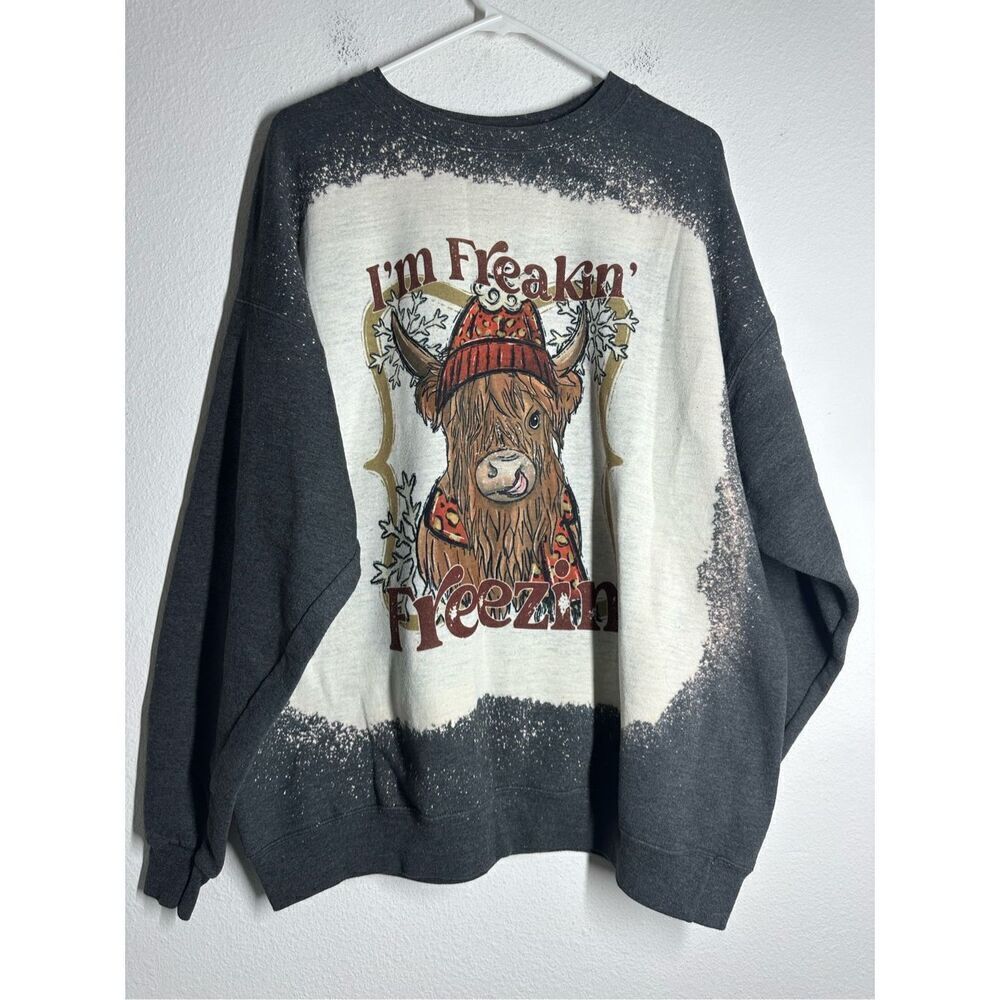 Rare Vintage Hanes Gray Cow Sweatshirt I am Freakin Freezin Size XL Cotton Blend